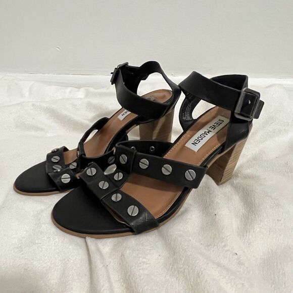 Steve Madden Melle Studded Sandals Size 6 Black Block Heel Leather Strappy Party - Picture 2 of 7